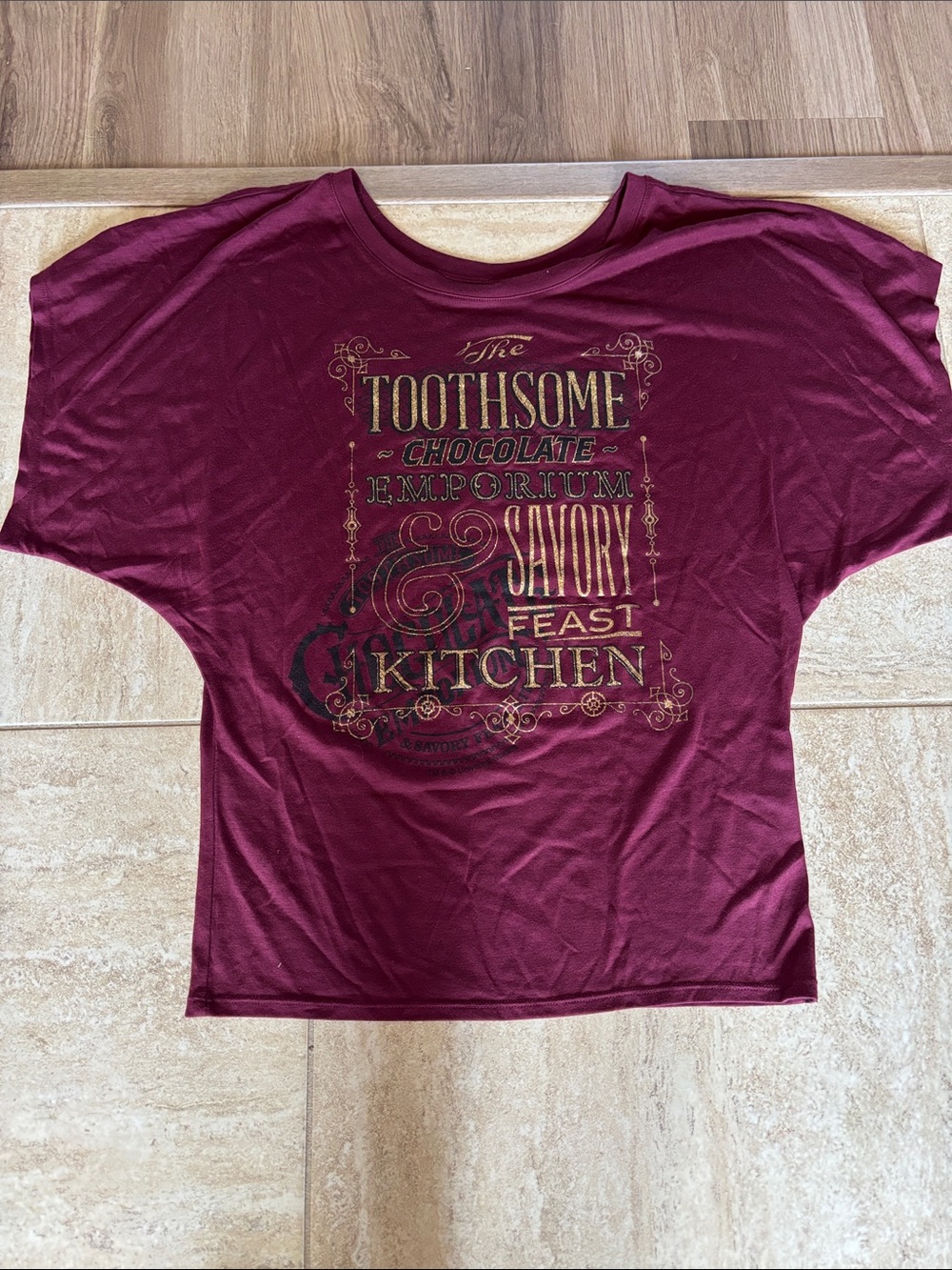 Toothsome emporium- Universal Studios burgundy, soft batwing top
